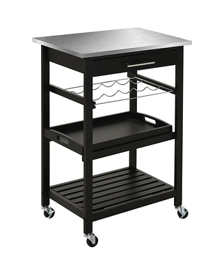 Simplie Fun Kitchen island Cart Rolling Trolley Utility Serving Cart with Stainless Steel Tabletop, Wine Rack & Drawer