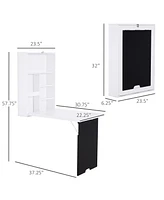 Simplie Fun Wall Mounted Foldable Desk with a Blackboard, Fold Out Convertible Floating Desk with Shelves, White