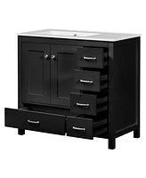 Streamdale Furniture 36" Black Bathroom Vanity with Ceramic Sink Combo, Abundant Storage Cabinet -2 Soft close doors and 5 drawers