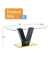 Large Modern Minimalist Rectangular Glass Dining Table for 6-8 with 0.4" Tempered Glass Tabletop and Mdf slab V-Shaped Bracket and metal base, Fo