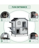 2-story Cat House Outdoor, Weatherproof Wooden Cat Enclosure for Feral Cats with Escape Door, Openable Roof, Jumping Platforms, White