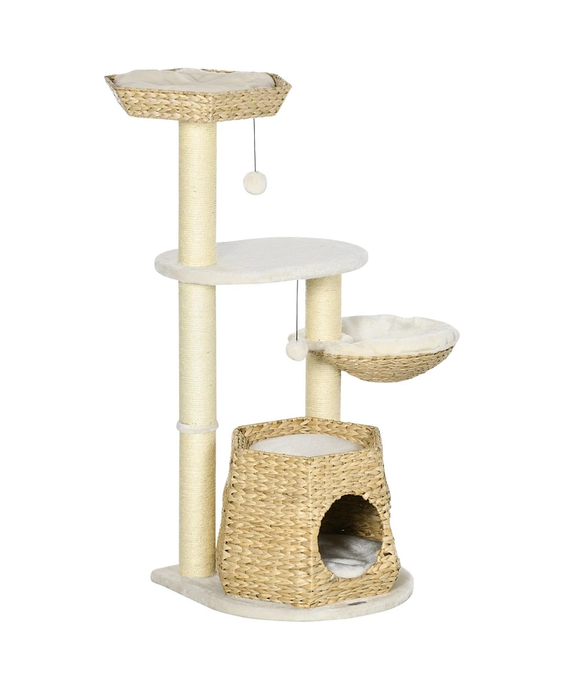 Simplie Fun 47" Cat Tree Kitty Activity Center, Cat Climbing Toy with Cattail Fluff, Bed, Condo, Sisal Scratching Post, and Hanging Ball, Natural