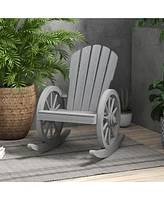 Wooden Rocking Chair, Adirondack Rocker Chair w/Slatted Design and Oversized Back, Outdoor Rocking Chair with Wagon Wheel Armrest for Porch, Poolside,