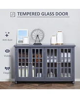 Sideboard, Buffet Cabinet with 4 Tempered Glass Doors, Stripe Pattern and Adjustable Storage Shelf, Credenza, Gray