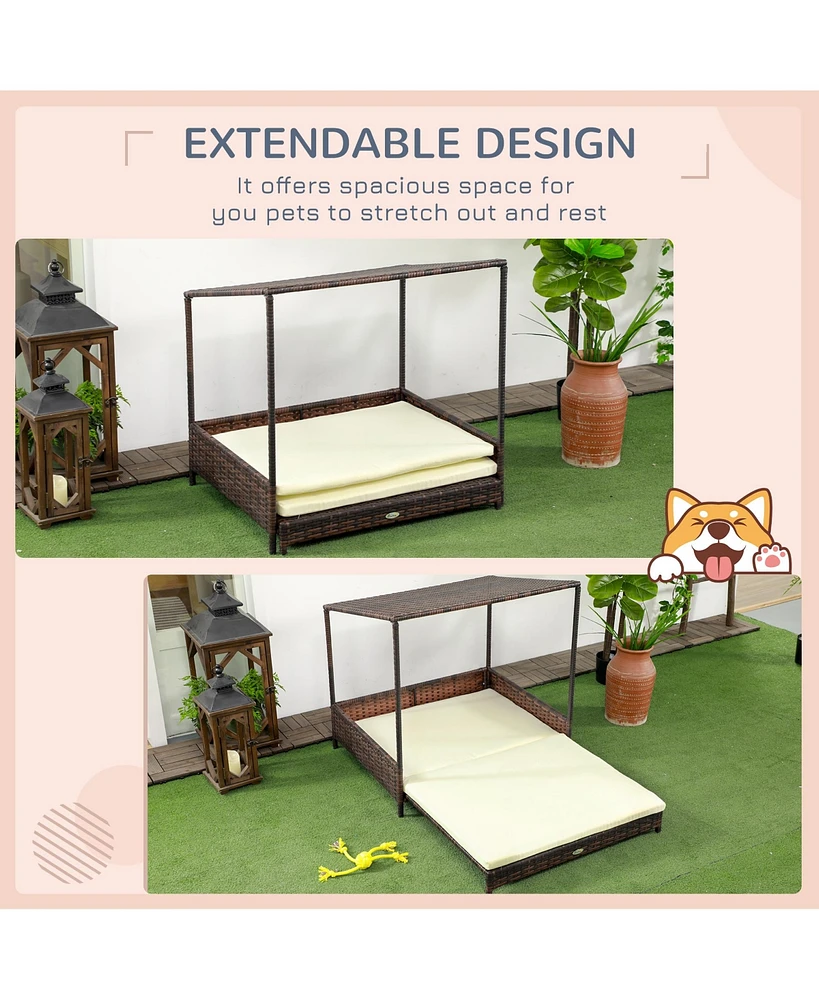 Streamdale Furniture Wicker Dog House Raised Rattan Extendable Puppy Bed Cat Shelter for Indoor Outdoor Garden Patio Pet Sofa with Removable Cushion f