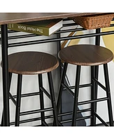 3 Piece Counter Height Bar Table and Chairs Set, Space Saving Dining Table with 2 Matching Stools, Storage Shelf Metal Frame Footrest, Black, Brown