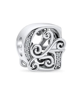 Bling Jewelry Fancy Scroll Cz Sparkle Block Letter A-z Alphabet Initial Charm Bead For Women Shiny .925 Sterling Silver European Bracelet