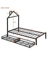 Slickblue Twin Metal Platform Bed with Storage Drawers and House-Shaped Headboard for Kids or Guests