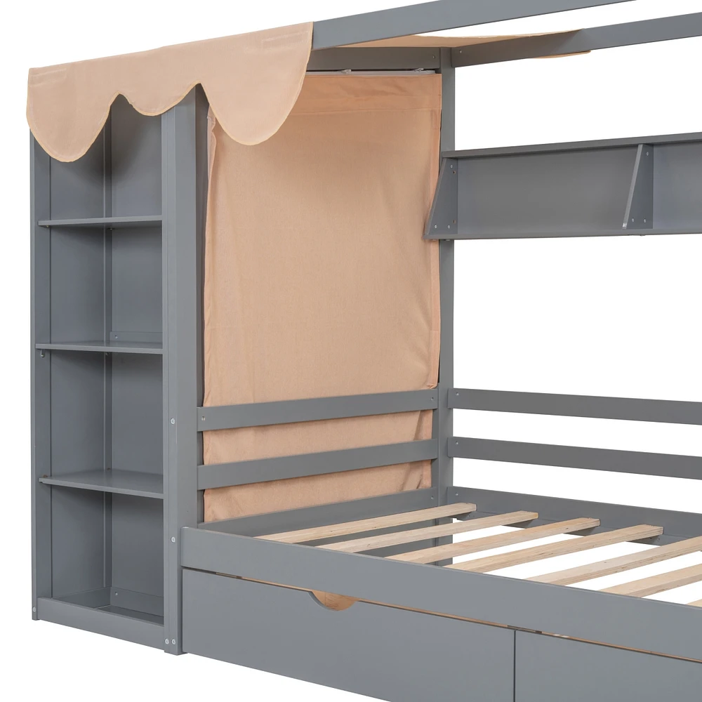 Slickblue Twin House Bed with Two Storage Drawers and Built-in Wardrobe