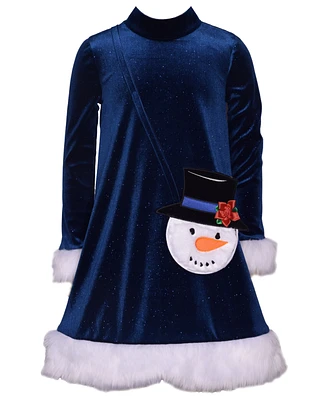 Bonnie Jean Little Girls Glitter Stretch Velvet Dress with Snowman Bag, 2-Piece Sets