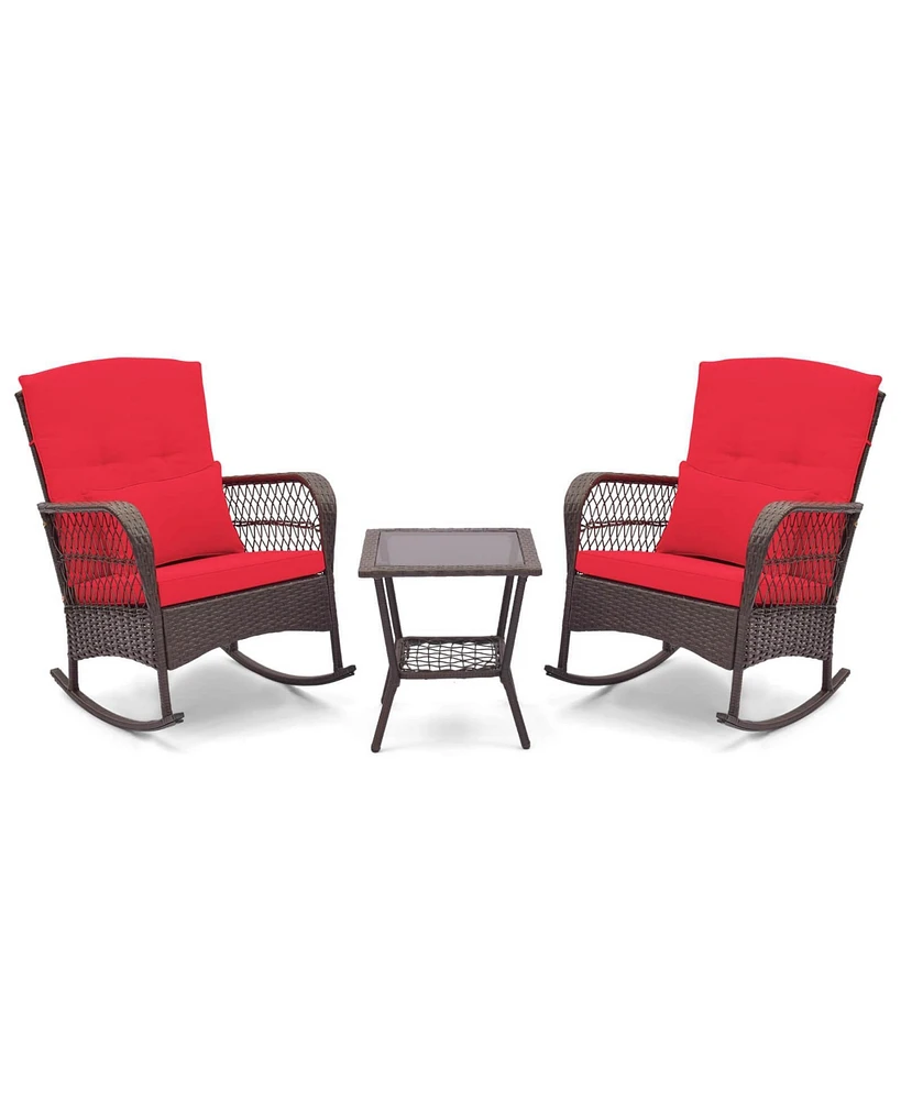 Costway 3 Pcs Patio Rocker Set Outdoor Wicker Rocking Chairs with Double-Layer Coffee Table