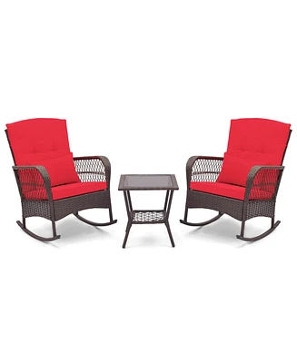 Costway 3 Pcs Patio Rocker Set Outdoor Wicker Rocking Chairs with Double-Layer Coffee Table