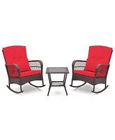 Costway 3 Pcs Patio Rocker Set Outdoor Wicker Rocking Chairs with Double-Layer Coffee Table