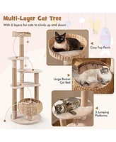 Costway 65" Cattail Cat Tower with Jute Scratching Posts Perch Basket Bed Dangling Balls