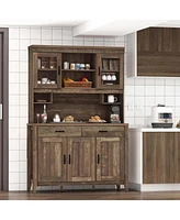 Costway Kitchen Pantry Cabinet with Microwave Countertop Double Glass Doors 2 Drawers