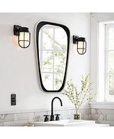 LuxenHome 30-Inch Tall Oblong Slim Black with Gold Iron Metal Frame Wall Mirror