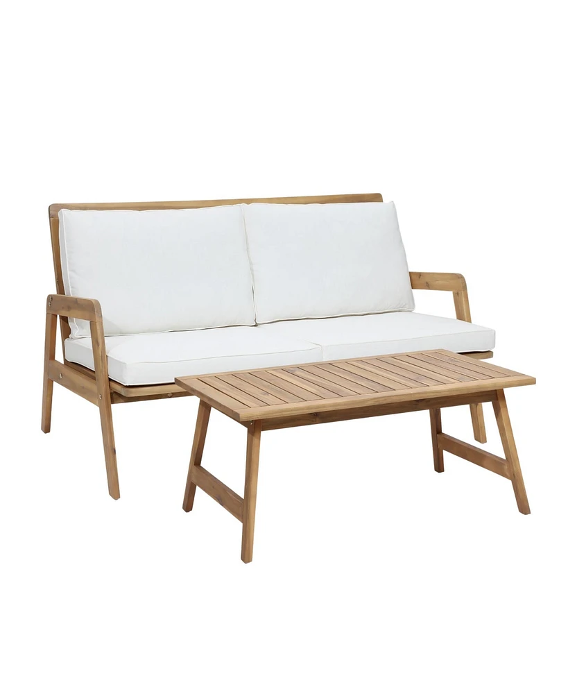 LuxenHome Outdoor Acacia Wood Coffee Table and Loveseat with Cushions