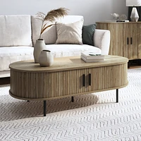 LuxenHome Mid-Century Modern Coffee Table with Storage and Slatted Sliding Doors Oval Center Table