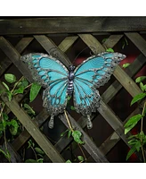 LuxenHome Blue Butterfly Glass and Metal Outdoor Wall Decor