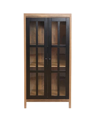 LuxenHome Natural Wood Glass 2-Door Accent Cabinet