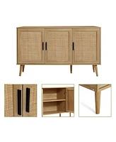 LuxenHome 47.2" Wide 3-Door Rattan Light Oak Finish Wood Sideboard Cabinet