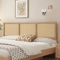 LuxenHome Natural Finish Rubberwood with Rattan Panels Headboard