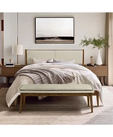 LuxenHome Modern Beige Upholstered Headboard and Wood Frame Platform Bed Set, Queen