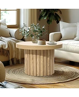 LuxenHome End Table 23.6"Wide Brown Wood Fluted Round Coffee Table and Side Table for Living Room