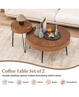 Costway Farmhouse Round CoffeeTable Set of 2 End Table Natural Finish for Living Room Coffee