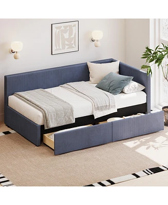 Streamdale Furniture Twin Size L Shape Corner Bed, Corduroy Upholstered Daybed with Two Storage Drawers and Vertical Striped Design, Blue