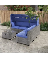 6 Pieces Patio Furniture Sets, Outdoor Rattan Daybed with Retractable Canopy, Outdoor Sectional Sofa Set with Adjustable Backrest