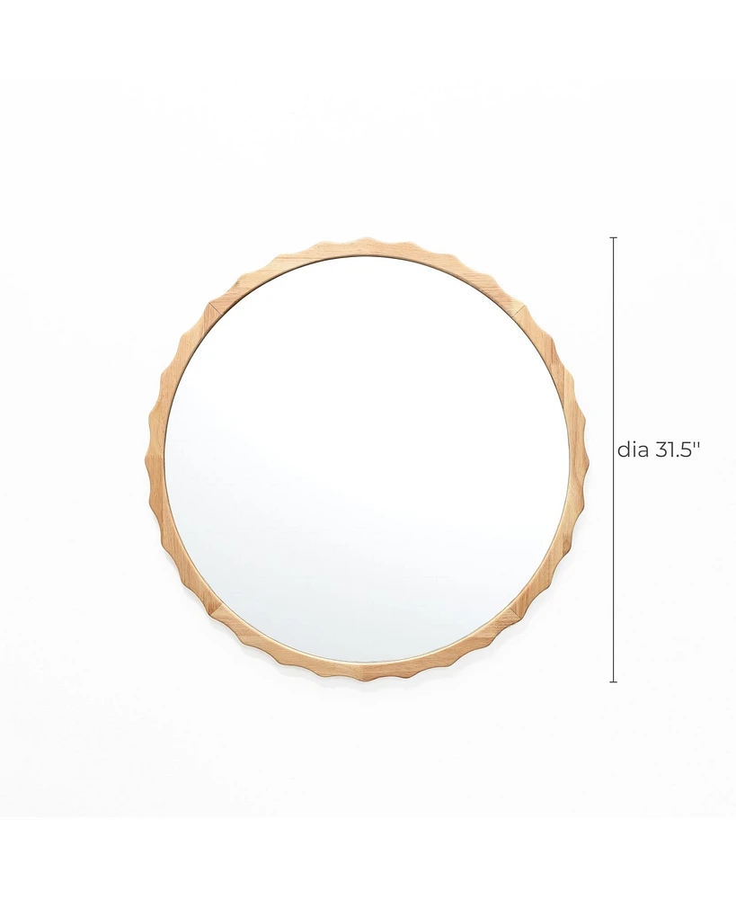 LuxenHome 31.5-Inch Round Natural Rubberwood Scalloped Frame Wall Mirror