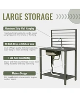 Outdoor Kitchen Island with Storage, Aluminum Kitchen Storage Island Stainless Steel Outdoor Sink w/Faucet & Drainboard, Freestanding Storage Shelves