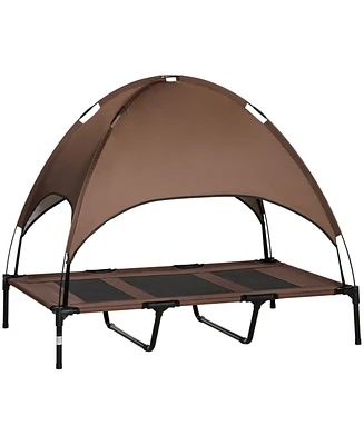 Streamdale Furniture Elevated Dog Bed with Removable Canopy, Outdoor Dog Cot with Uv Protection Canopy Shade, 48 inch Large Pet Bed for Camping, Coffe