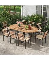 Costway 9 Pieces Outdoor Dining Set with Acacia Wood Top & Umbrella Hole Metal Frame