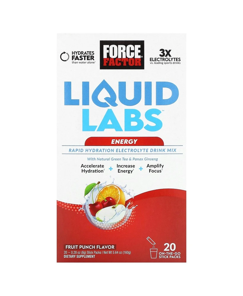 Force Factor Liquid Labs Energy Rapid Hydration Electrolyte Drink Mix Fruit Punch 20 Stick