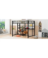 Slickblue Full Size Loft Bed with Desk and Whiteboard, Metal Loft Bed with 3 Shelves and Ladder, Black