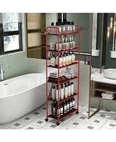 Red 6 Tier Slim Rolling Storage Cart, Mobile Shelving Unit with Wheels, Metal Wire Storage Shelving Rack with Baskets for Kitchen Bathroom Office Laun