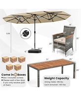 Costway 10 Pieces Patio Wicker Dining Set with Double-Sided Umbrella 8 Armchairs