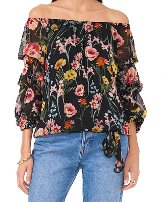 Vince Camuto Women's Floral Off The Shoulder Bubble Sleeve Tie Front Blouse