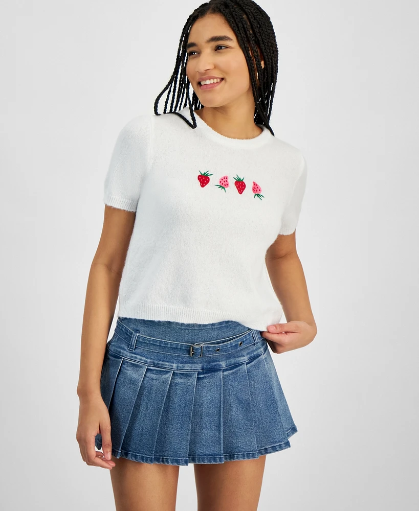 Hooked Up by Iot Juniors' Strawberries Short-Sleeve Pullover Sweater