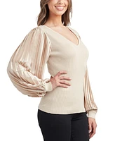 Bcx Juniors' V-Neck Rib-Knit Pleat-Sleeve Sweater