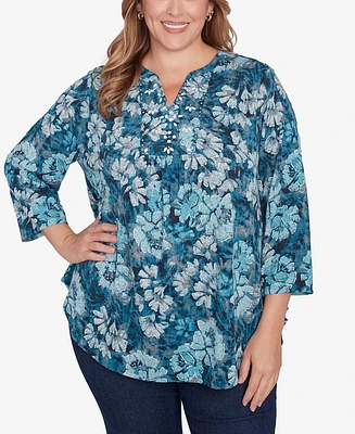 Ruby Rd. Plus Size Embellished Wintery Floral Hatchi Top