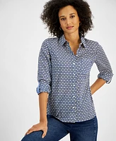 Nautica Jeans Women's Cotton Tile-Print Roll-Tab Shirt