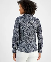 Nautica Jeans Women's Cotton Paisley-Print Roll-Tab Shirt