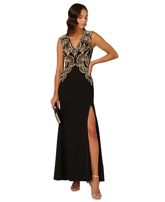 Adrianna Papell Women's Beaded V-Neck Slit-Front Gown