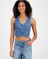 Celebrity Pink Juniors' Cropped Button-Front Denim Vest