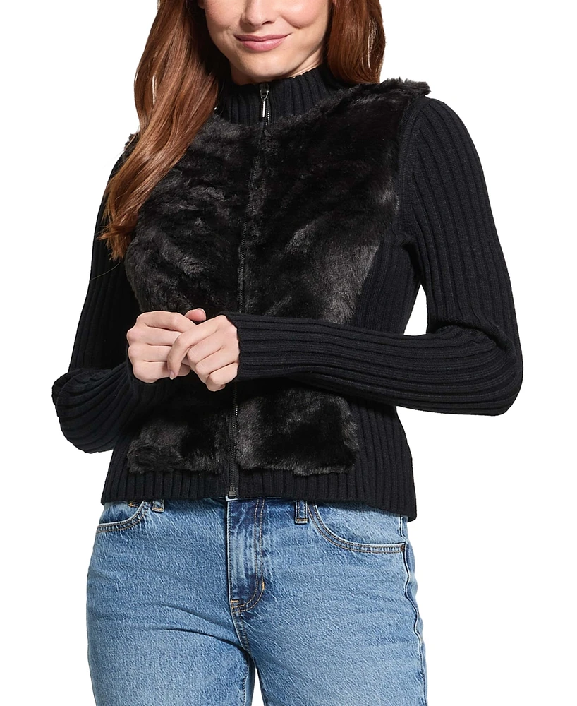 Guess Women's Mila Mixed Media Faux-Fur Zip-Front Cardigan