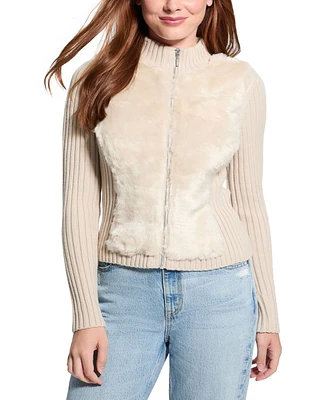 Guess Women's Mila Mixed Media Faux-Fur Zip-Front Cardigan