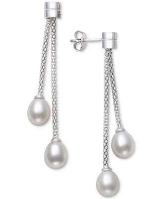 Belle de Mer Cultured Freshwater Pearl (7-8mm) Chain Drop Earrings in Sterling Silver